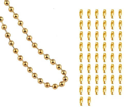 10M Gold Roller Chain,Beaded Pull Chain,Ball Bead Chain With 50 Matching Connectors,Blind Chain,Ball Roller Chain for Hanging Craft,Jewelry,Necklaces,Bracelets(Hole Diameter 3.2mm)