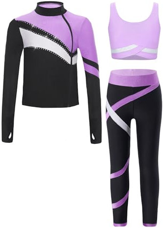 Zaldita Mädchen Trainingsanzug Langarm Sport Oberteile Shirt mit Reißverschluss + Lang Hose Glitzer Gymnastikanzug Eiskunstlauf Set Tanzkleidung Helles Lila 170-176