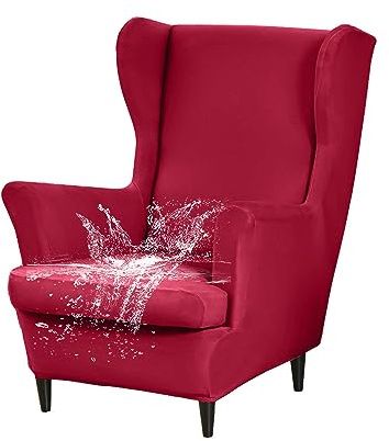 WJHDWYD Waterproof Wingback Chair Cover 2 Pieces Armchair Cover with T-Cushion Cover, Solid Color Stretch Armchair Cover, for Hotel Living Room Bedroom(Rouge)