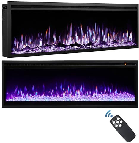 INMOZATA 107cm/42 Inch Electric Fire Wall Mounted/Recessed/Freestanding Electric Fireplace with Remote Control, 12 Colors Flame Effect Media Wall Fireplace, Crystal & Log Set, 900W&1800W(42/107cm)