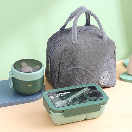 Esilihom Lunch Box Adults, Leakproof Bento Box Set with Lunch Bag, Utensils, Oats Container, for Men Women Student Office School, Food Storage with Fork & Spoon,Green