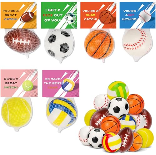 Junyaoii 12Stück 6.3cm Mini Stressball, Stressabbau Bälle enthalten Fußball Basketball Tennis Baseball Volleyball Rugby, Mit Tauschkarten ,Party Favor Class Preise Pinata Filler Goodie Bags Stuffers