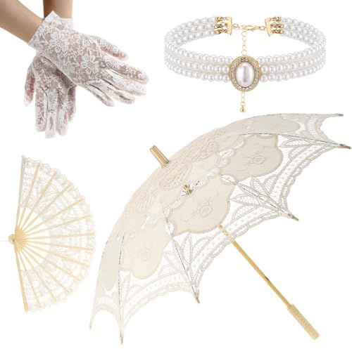 Locmeo 4 Pcs 32'' White Vintage Lace Parasol Umbrella Handheld Folding Fan Set Rhinestones Pearls Necklace Lace Gloves Set for Women Bride Wedding Tea Party Halloween Costume