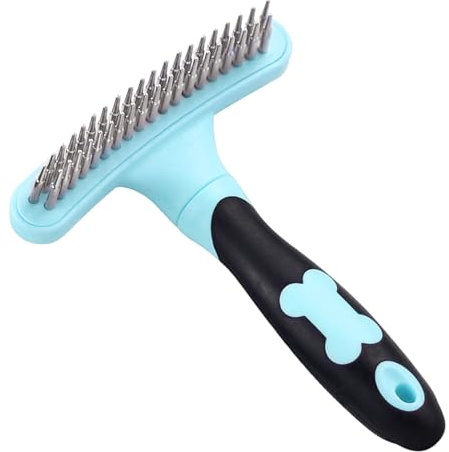 Rastrello per la toelettatura degli animali domestici, pettine per sminuzzare, spazzola per spargimento, rimozione del sottopelo a doppia fila per cani e gatti, denti larghi con impugnatura morbida