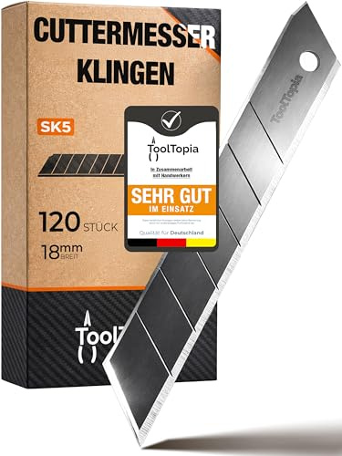 Cuttermesser Klingen 18mm extra scharf, 120 Stück SK5 Stahl Ersatzklingen | Ersatzklingen Cutter, scharfe Abbrechklingen 18mm für Teppichmesser, Knife Blades für Karton/Folie/PVC, Lager Werkstatt & DIY