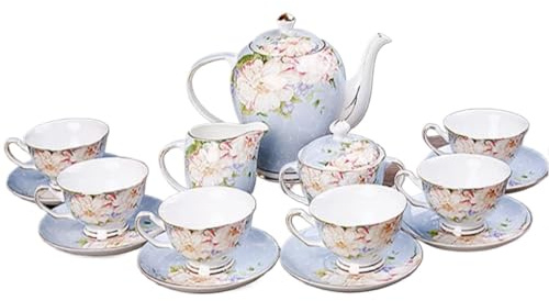 KRXSOBNV, Juegos de té de Porcelana for Adultos, Tazas de café Vintage de Porcelana de Hueso de Flor Azul y 6, con Tetera y azucarero,Tazas de té y platillos