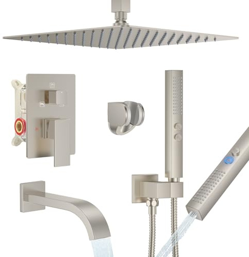 Brushed Nickel Shower System with Tub Spout, Ceiling Mounted Bathtub Shower Faucet Set, 12 Rainfall Shower Head and Handheld Shower Combo, High Pressure Shower Fixtures Set with Rough-in Valve