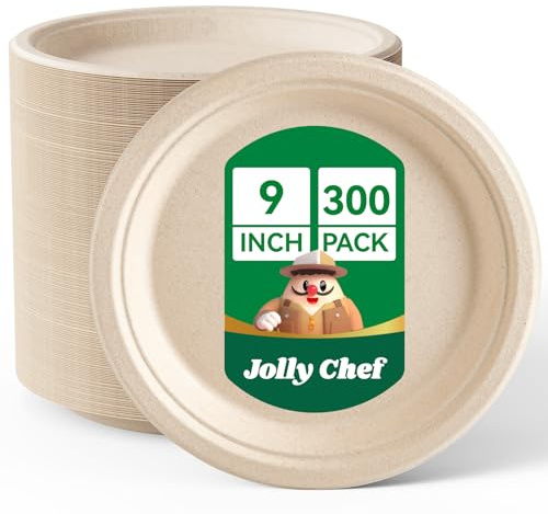 JOLLY CHEF 300 Pack 9 Inch Strong Disposable Bagasse Plates Natural