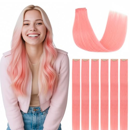 SEGOHAIR Clip in Extensions Echthaar, 6 Stücke Single Clip Highlights Hair Extension Glatt Haarverlängerung Natürlich für Frauen Damen Rosa,35cm 36g