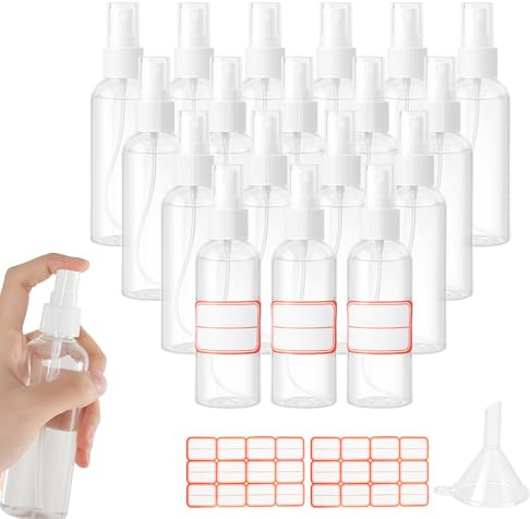 MAIJIAJU 20 Stück Sprühflasche 100ml, Klein Plastik Feinnebel Zerstäuber | Wiederverwendbare Zerstäuber Leerflaschen mit Trichter, Etiketten, kleine Reisegröße für Kosmetik, Parfüm, Haushaltsreinigung