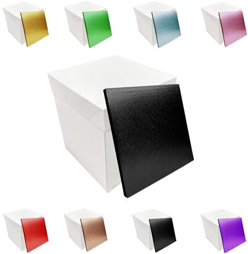 LARRYROO Tall White Extra Deep Cake Box + Lid & Square Colour Cake Drum Board Combo Pack for High Celebration, Wedding, Birthday Cakes (Black, 14 Inch)