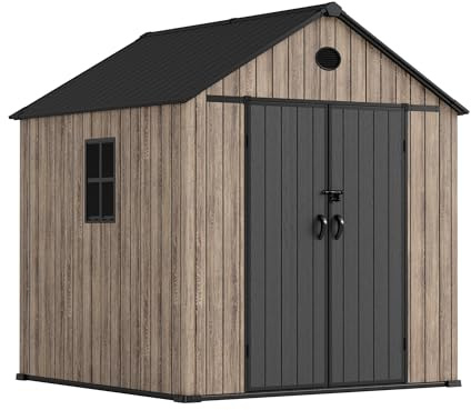 Hoggar - Gartenhaus aus Harz, 5,02 m² Oak O50, inklusive Boden, Seitenfenster, Premium-Holzoptik, breite Doppeltür, UV-Schutz und wasserdicht, Verschluss mit Bolzen, Belüftungsöffnungen