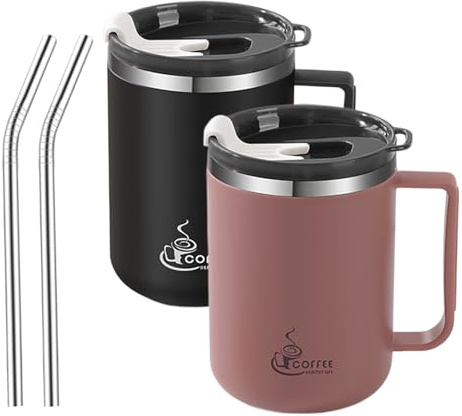 BAIFULAI 2er Set Edelstahl Isolierte Kaffeetasse: 430 ml Thermotasse mit Rutschfestem Griff und Schiebemoduldeckel, Wiederverwendbare Kaffeebecher für Outdoor und Camping(Bohnenrot+Schwarz)