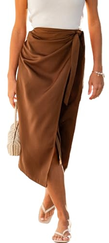 CUPSHE Women's Wrap Front Midi Skirts Flowy Self Tie Knot A Line Skirts Long Skirt Holiday Brown L