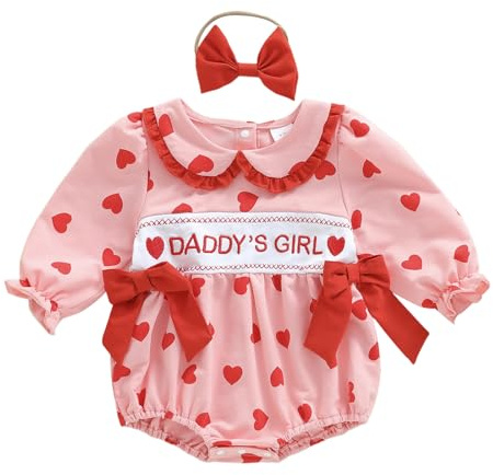 Xeadoffubio 2Pcs Newborn Baby Girl Valentine's Day Outfit Heart Print My First Valentines Day Embroidered Plaid Puff Doll Collar Romper Bow Headband Set (Pink, 0-3 Months)