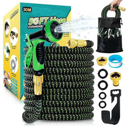 Flexibler Gartenschlauch 30M, Dehnbarer Gartenschlauch mit 10-Funktions-Düse, Wasserschlauch flexibel mit 4-Lagen Latex & 3750D Gewebe, Knickfrei & Leicht für Garten & Auto,Grün