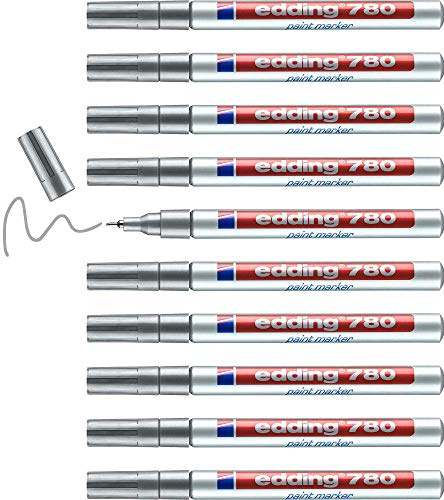 edding 780 Lackmarker - silber - 10 Stifte - Rundspitze 0,8 mm - Lackstift zur Markierung und Beschriftung von Metall, Glas, Stein oder Kunststoff - hitzebeständig, permanent, wischfest