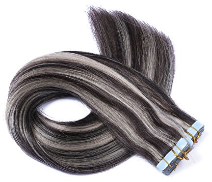 Tape In - On Hair Extensions - # 1B/GREY GESTRÄHNT - 60cm - 10 Tressen je 4cm Breit / 2,5g - 100% Remy Echthaar Haarverlängerung/Extention mit Klebeband Tressen by NOVON Hair Extentions