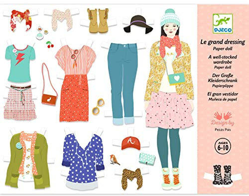 Djeco Paper Doll Le Grand Dressing - Gioco di moda creativo - 6-10 anni - Astuccio da gioco con stilista, oltre 100 vestiti e accessori, 3 bambole, scatola di immagazzinaggio, cartone durevole
