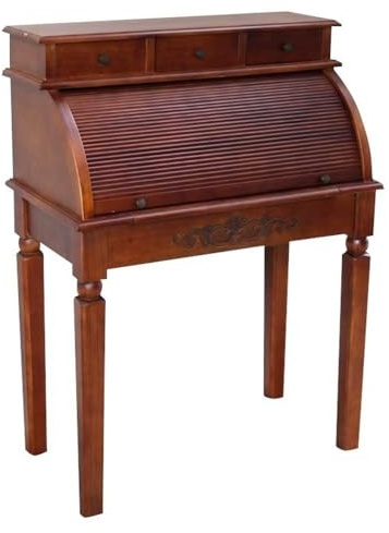 Pemberly Row Roll Top Secretary Desk, Dual Walnut Stain, 42 H x 31 W x 17 D, Hardwood Construction, Retractable Cover, 3 Drawers, Floral Motif, Traditional Style Desk for Home Office or Study Room