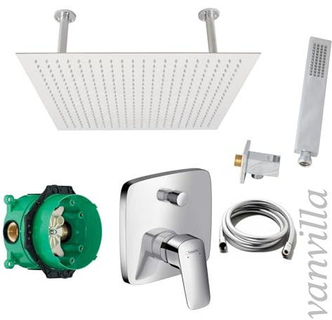 vanvilla Duschsystem Unterputz mit Duscharmatur Hansgrohe poliert HG18 | Duscharmatur von Hansgrohe Logis Einhebelmischer und vanvilla Regendusche Duschkopf eckig, Dusch-SET poliert