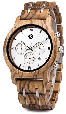 Kim Johanson Herren Holz-Edelstahl Armbanduhr *Air Force* in Hellbraun Chronograph mit Einem Gliederarmband Handgefertigt Quarz Analog Uhr inkl. Geschenkbox