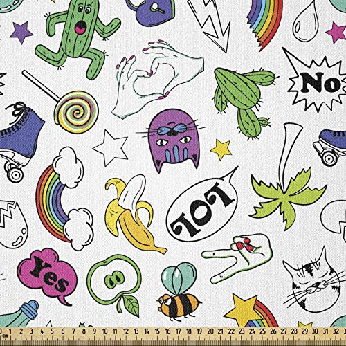 ABAKUHAUS emoticon Tela por Metro, 80. El conjunto colorido del cómic, Decorativa para Tapicería y Textiles del Hogar, 1M (148x100cm), Verde Multicolor