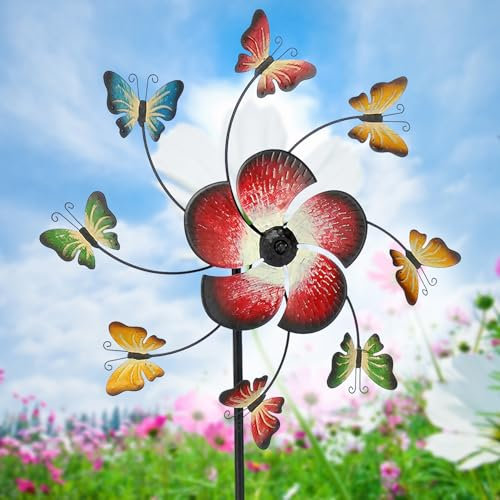 Metal Butterfly Flower Windmill Garden Spinner Stake Decoration Outdoor Ornament