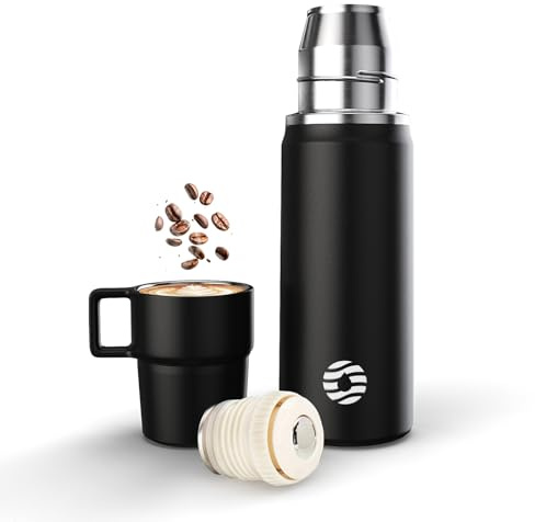 Healter Thermoskanne mit Becher 850ml Thermosflasche Kaffee Auslaufsicher Thermobecher Getränke 12h Warm/24h Kalt BPA-Frei Edelstahl Isolierflasche für Outdoor Camping(Schwarz)