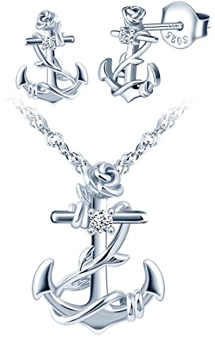 INFINIONLY Collier et Boucles d'oreilles ancre pour femmes et filles, Bijoux Parures en argent 925, Pendentif d'ancre décoré de fleur de rose, Clou d'oreille d'ancre orné fleur de rose, argent