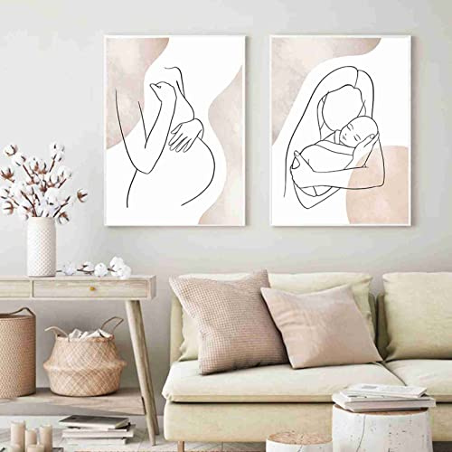 BDHcdfAJGf Mutterschaft Wand Bilder Schwangere Frau Poster Line Print Neugeborenes Boho Kinderzimmer Leinwand Gemälde Wandbild Schlafzimmer Muttertagsgeschenk 40x60cmx2 Ungerahmt, Schwarz & Weiß