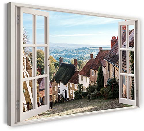 Print on Canvas (60x40 cm) view from the window - old country houses in summer - nature photography, real wood frame with hook