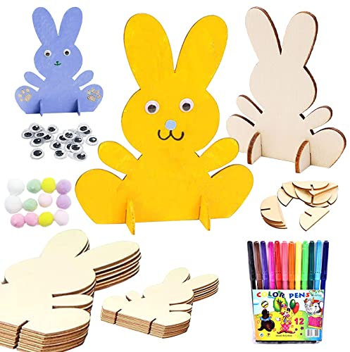 10 Stück DIY Osterhase Deko,Hasen aus Holz zum Bemalen,Osterhase Kinder Bastelsets,Holzanhänger Ostern Deko mit Bunte Mini Kulleraugen und Aquarellstifte,Ostern Holz Hase Bastelzubehör Dekorationen