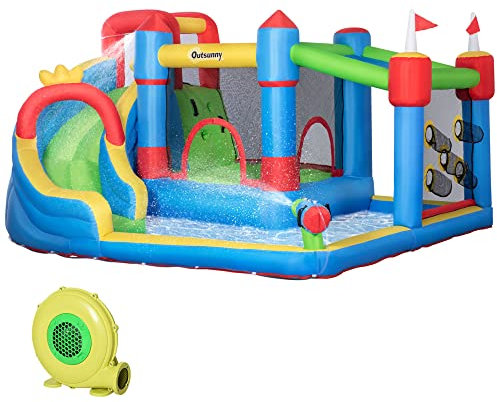 Outsunny Hüpfburg mit Gebläse für Kinder aufblasbare Wasserpark mit Wasserrutsche Planschbecken Kletterwand Trampolin Wasserpistole Hüpfburgen für Outdoor Springburg für 3 Kinder von 3–8 Jahren