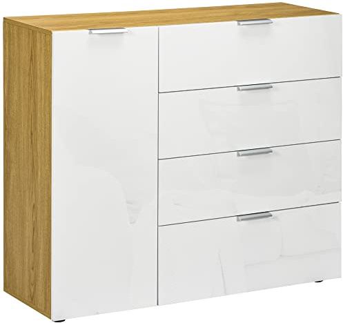 HOMCOM Cómoda de Dormitorio con 4 Cajones 105x35x92 cm Blanco y Natural