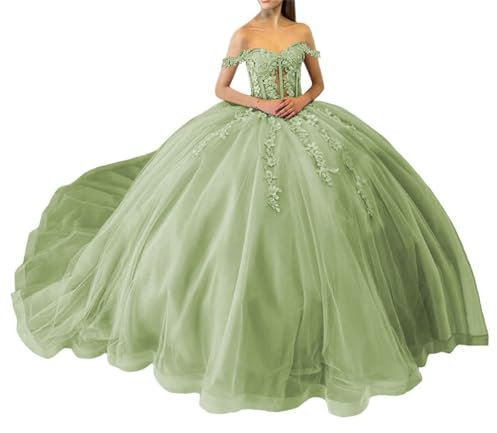 Vestidos de quinceañera con lentejuelas brillantes, con encaje y hombros descubiertos, vestido de baile de tul hinchado de princesa, lime green, 40