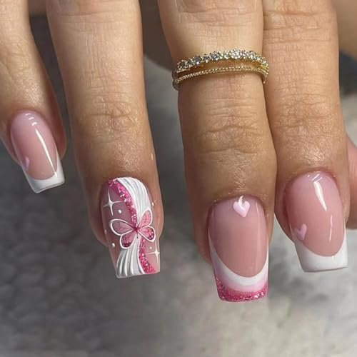 SINLOV Long 24pcs Coffin Fake Nails Glossy Butterfly Press su unghie finte Ballerina Artificiali Finger Nails Copertura completa Unghie finte per le donne e le ragazze
