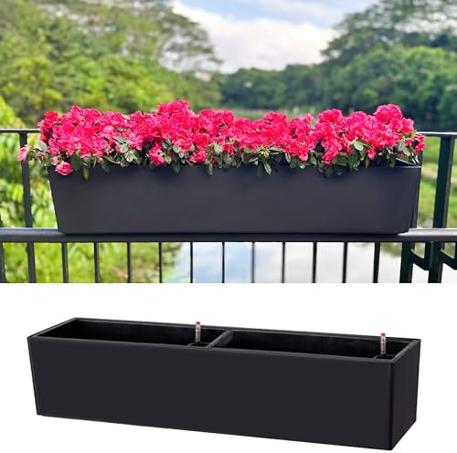 LaLaGreen - Maceta para balcón y jardín (1 paquete, 40 pulgadas), color negro, grande, con riego, para balcón, barandilla colgante con soportes, maceta rectangular de fresas para patio al aire libre