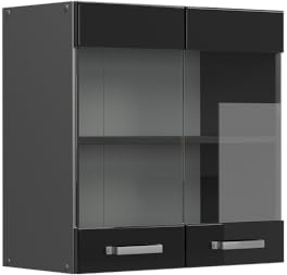 Vicco Küchenglasschrank R-Line, Schwarz Hochglanz, 60 cm | 2 Türen · 1 Einlegeboden · Tiefe – 31 cm · ✓ Frei kombinierbar · ✓ Alles im Blick