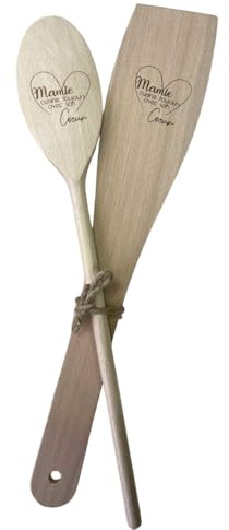 Lot de Grande Cuillère et Spatule en Bois Gravé - Mamie Cuisine Toujours avec Son Cœur - Cadeau Original pour Mamie - Ustensiles de Cuisine en Bois Naturel