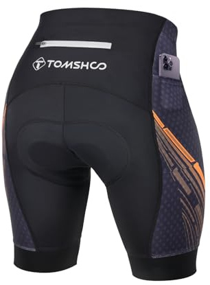 TOMSHOO Cycling Bike Shorts, 4D Padded Bicycle Riding Road Biker Pants with Side Pockets Zipper Pocket Reflective Coating Anti-Slip Leg Cycle Padding Shorts (L, Orange)