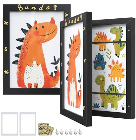 SONGMICS Bilderrahmen 2er Set, A4, 22 x 28 cm, 25,5x4,5x34,5 cm, Glas | jede Box für bis zu 150 Zeichnungen, MDF, Passepartout, Sticker, spurlose Wandhaken, Ascheschwarz, KAVI Kollektion RPF052B02
