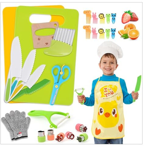 GCRQ Set di 28 Coltelli da Cucina per Bambini per la Cucina Reale, Strumenti da Montessori Toddler, con Guanti Tagliere Frutta Verdura Taglierini in Plastica per Bambini.