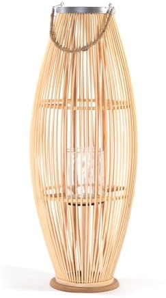 CREEDWOOD Bambus Laterne Zya | mit Henkel und Glaseinsatz | Holz Kerzenhalter, Windlicht, Deko Laterne für überdachten Balkon oder Wohnung | Größe: 95 cm