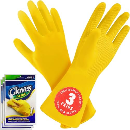 SteadMax 3 Pairs X-Large Cleaning Gloves, Reusable Natural Rubber Dish Gloves, Waterproof Latex Non-Slip Dishwashing Gloves for Kitchen and Household (X-Large, 3 Pack)