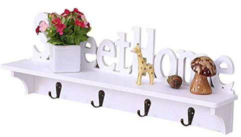 Regal mit 50 X 18 X 3 Sweet Home Wandgarderobenhaken aus Holz, Wandhaken mit Regal, Tastatur und Vier Haken, Heimdekoration (Weiß)