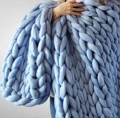 Handgefertigte Grobstrick-Wolldecke, super gemütlich und warm, Chenille-Decke für Sofa, Bett, Sessel, Himmelblau, 180 x 200 cm