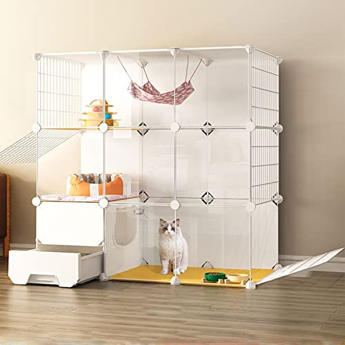 RRrawgff Katzenkäfige, Katzenhaus für den Innenbereich mit geschlossener Katzentoilette, Panorama-Transparenz, Katzengehege, Kleintiergehege mit 2 Arten von Türöffnungsoptionen (Farbe: Vordertür-A, G