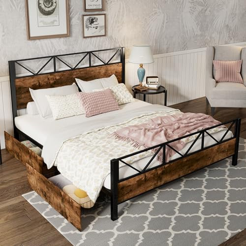 Kebnor Metallbett, Kinderbett, Vintage-Holzfarben, Zwei Schubladen mit Rollen, Heranwachsende und Erwachsene, Metallrahmen, Flachbetten, Metall+MDF, Schwarz + Walnuss (140x200cm)