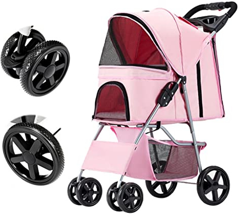 Husdjurshundvagnar for små medelstora hundar och katter, sällskapshund Kattvagn Lättviktsvagn for sällskapsdjur Resevagn Premium Hundvagnar Kattvagn Barnvagn med mugghållare(Pink)